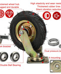 Heavy Duty Pneumatic Caster Wheels 5 Pack With Smooth Rollin Rubber Tires And Kickin Cold Rolled Steel Brackets For Quick Cart Setup And Rock Solid 1760 Lbs Load Capacity close-up showing thick rubber tire, metal bracket and dual ball bearings