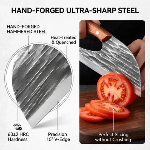Hand-forged steel blade cutting tomato, showcasing Do It All Hand Forged Chef Knife And Cleaver Set With Carbon Steel Blades.