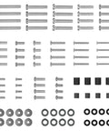 Top Shelf Universal TV Mount Hardware Kit Loaded With Premium Vesa Screws Security Washers And Precision Spacers For A Bulletproof Wall Setup On 19 To 85 Inch Flat Screens, showing assorted screws, washers, and spacers.