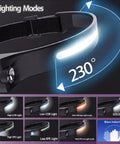 Rechargeable Headlamp With Motion Sensor 230 Degree Wide Beam Seven Modes Waterproof with 7 lighting modes.