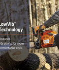 Gas Chainsaw With 20 Inch Bar And Auto Oiler Three Point Five HP 55cc Two Cycle X Torq Engine Easy Start shown cutting a log