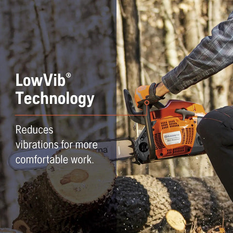 Gas Chainsaw With 20 Inch Bar And Auto Oiler Three Point Five HP 55cc Two Cycle X Torq Engine Easy Start shown cutting a log