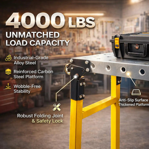 Rugged Alloy Steel Folding Welding Table With Four Thousand Pounds Capacity featuring industrial-grade steel and robust safety lock.