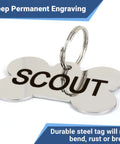 Stainless Steel Pet ID Tags With Custom Engraving On Both Sides Durable Dog And Cat Tags in bone shape, laser engraved 'SCOUT'
