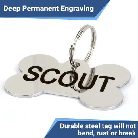 Stainless Steel Pet ID Tags With Custom Engraving On Both Sides Durable Dog And Cat Tags in bone shape, laser engraved 'SCOUT'