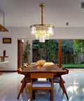 Dope Modern Crystal Chandelier Lighting Fixture With K9 Crystals Round Pendant Ceiling Light For Bedroom Dining Room Living Room And Kitchen, Chrome Finish, 6 E12 Bulbs Not Included, Durable Moisture Resistant Design in dining room.