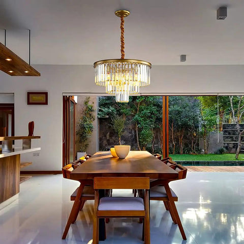 Dope Modern Crystal Chandelier Lighting Fixture With K9 Crystals Round Pendant Ceiling Light For Bedroom Dining Room Living Room And Kitchen, Chrome Finish, 6 E12 Bulbs Not Included, Durable Moisture Resistant Design in dining room.