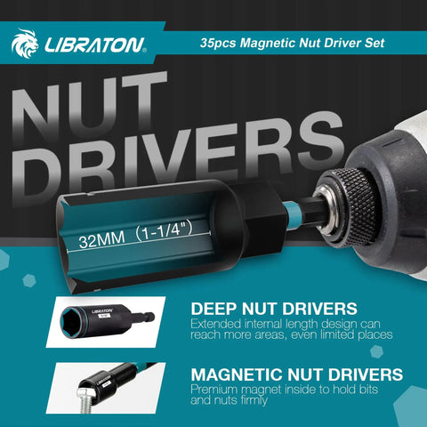 Magnetic Nut Driver Set 35 Piece For Impact Drill With Metric And SAE Nut Drivers Deep And Regular Wing Nut Driver 12mm Quick Release Bit Holder And 6 Inch Bit Extender In Handy Toolbox displayed.