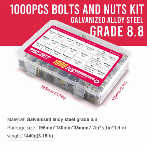 1000 Piece Grade 8.8 Hex Bolts And Nuts Assortment Kit With Flat Washers M4 M5 M6 Metric Hardware Set in storage case