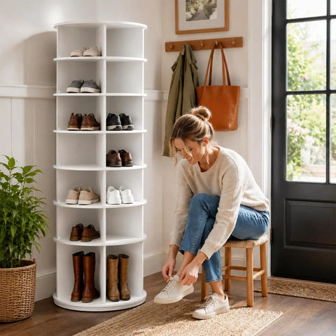 Dope Space-Saving 7-Tier Rotating Shoe Rack With Breezy Assembly And Anti-Tip Strap in light-filled entryway