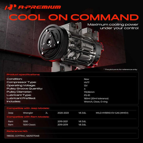 HV17 AC Compressor With Clutch And Prefilled Oil Compatible With Jeep Wrangler 2020 To 2023 V6 3.6L Plus Ram 1500 Classic close-up view