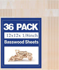 Front view: Basswood sheets, 36-pack, 12x12x1/8 in unfinished wood for crafts and laser cutting