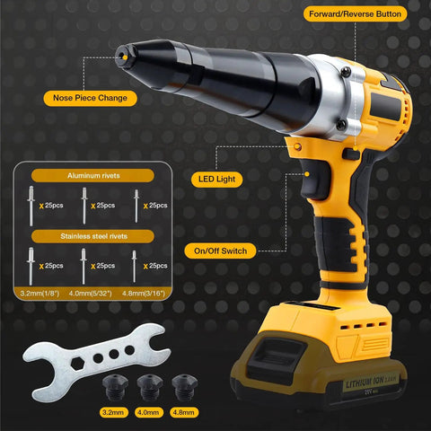Heavy Duty Cordless Rivet Gun With 2698lb Pulling Power Fits Aluminum And Steel Fasteners For Auto Repair And Metal Projects, Includes LED Light and Brushless Motor Tech. shown with 3.2mm, 4.0mm, 4.8mm nozzles