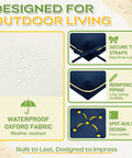 Infographic showing features of 60 By 40 Inch Outdoor Swing Cushions With Backrest And Tie Straps, including waterproof fabric and tie straps.