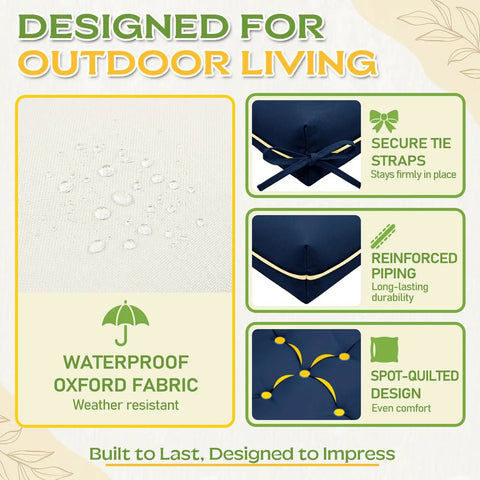 Infographic showing features of 60 By 40 Inch Outdoor Swing Cushions With Backrest And Tie Straps, including waterproof fabric and tie straps.