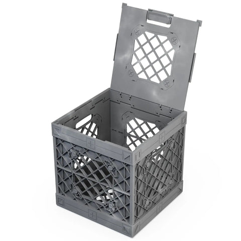 Open gray crate from UC01 Modular Collapsible Crates 3 Pack, stackable storage cube for garage, closet, office, DIY projects