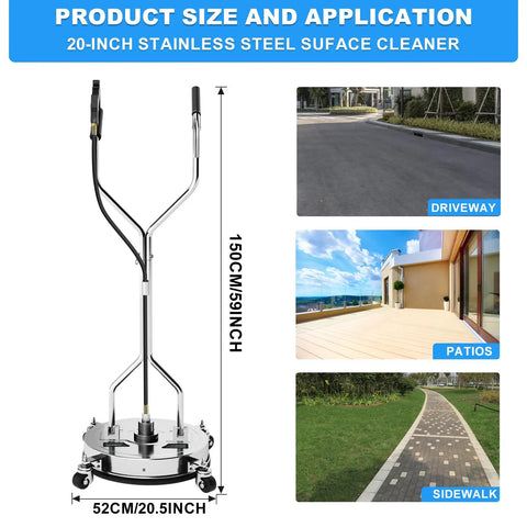 20 Inch Pressure Washer Surface Cleaner With 304 Stainless Steel Housing Dual Handle Driveway Attachment 4500 PSI