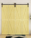66 Inch Bi Folding Sliding Barn Door Hardware Kit With Five And A Half Foot Heavy Duty Track And Rollers For Up To Four Fifteen Inch Wide Doors Smooth Quiet Operation Easy Install Black Finish No Door Panel Included Ready To Roll installed view.
