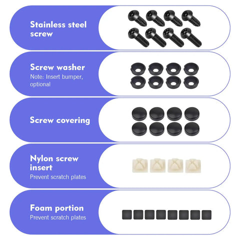 Heavy Duty M6 Tamper Proof License Plate Screws Straight Up Crafted From Top Shelf 304 Stainless Steel kit parts including screws, washers, and caps.