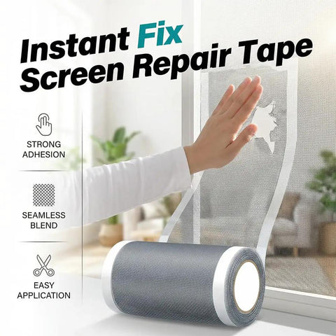 Heavy Duty Window and Door Screen Repair Patch Kit with Self Adhesive Fiberglass Mesh, roll being applied to screen tear