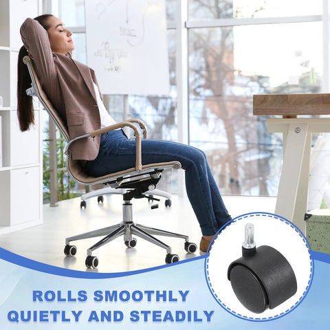 Person sitting on an office chair with 8 Pack 2 Inch Nylon Office Chair Wheels Replacement Heavy Duty Casters highlighted, smooth rolling on hardwood floor.