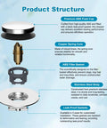 Product structure of Heavy Duty Metal Bathtub Drain Stopper; features premium ABS, copper spring, stainless steel body.