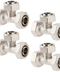 Four 3/4 inch nickel plated brass tee air fittings with double O-ring seals for compressed air systems, 200 PSI, pro grade.
