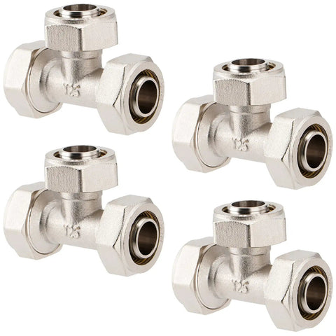 Four 3/4 inch nickel plated brass tee air fittings with double O-ring seals for compressed air systems, 200 PSI, pro grade.