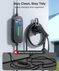 No Sweat Setup Level 1 And 2 EV Charger With Holder mounted on wall, organized 21 ft cable for SAE J1772 electric vehicles.