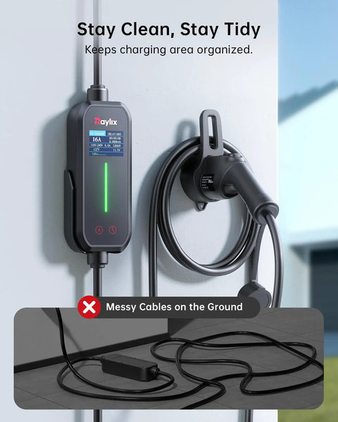 No Sweat Setup Level 1 And 2 EV Charger With Holder mounted on wall, organized 21 ft cable for SAE J1772 electric vehicles.
