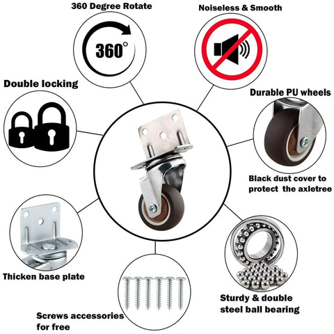 1 Inch Side Mount Casters Set Of 8 L Shaped Rubber Swivel Heavy Duty Double Plate Casters Without Brake Industrial Metal Wheel