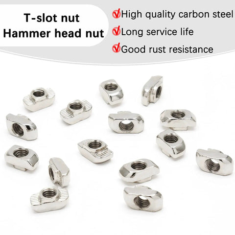 50 Pack Hammer Head Sliding T Nuts for 8mm T Slot Aluminum Extrusion 3030 Series M6 Thread set on white background
