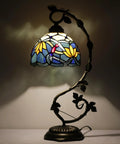 Blue Tiffany Style Stained Glass Lotus Table Lamp With Metal Leaf Base, 21 Inch Tall, 8 Inch Shade, Bronze Finish, S220 Series