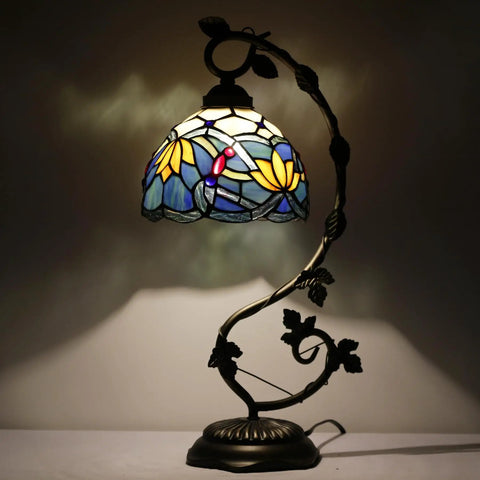 Blue Tiffany Style Stained Glass Lotus Table Lamp With Metal Leaf Base, 21 Inch Tall, 8 Inch Shade, Bronze Finish, S220 Series