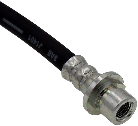 Close-up view of a front driver side brake hydraulic hose for select Acura and Honda models, showcasing the plug-and-play replacement