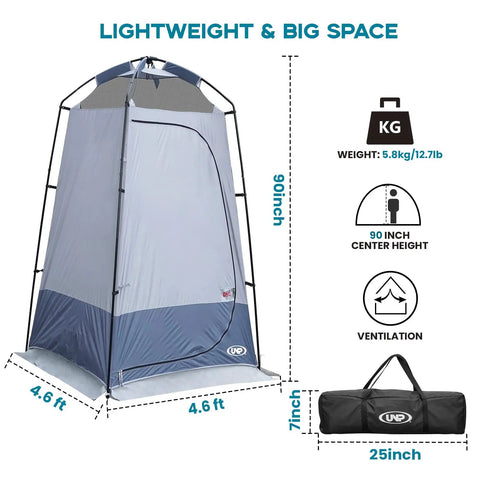 Outdoor Privacy Shower Tent With Dressing Room And Portable Toilet, Easy Setup Hangout Ready Sun Shelter, dimensions and bag