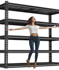 48 Inch Wide Heavy Duty Garage Shelving 5 Tier Storage Rack With Double Column Design For Maximum Stability And 3030 Lbs Load Capacity Ideal For Garage Organization And Heavy Tools Beefy Steel Construction Easy Assembly black steel 5-tier rack with woman for scale