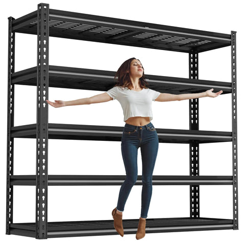 48 Inch Wide Heavy Duty Garage Shelving 5 Tier Storage Rack With Double Column Design For Maximum Stability And 3030 Lbs Load Capacity Ideal For Garage Organization And Heavy Tools Beefy Steel Construction Easy Assembly black steel 5-tier rack with woman for scale