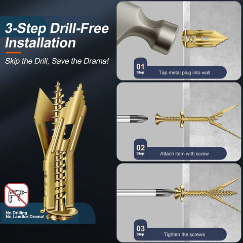 Self Drilling Drywall Anchors With Screws Set 160 Pcs shown in 3-step installation process for picture frames and shelves.