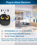 Plug-in alarm receiver for Half Mile Range Wireless Driveway Alarm Kit with weather resistant motion sensors displaying features of expandability, volume levels, and melodies.