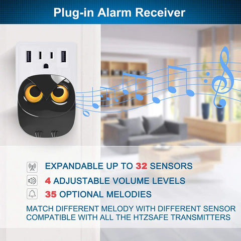 Plug-in alarm receiver for Half Mile Range Wireless Driveway Alarm Kit with weather resistant motion sensors displaying features of expandability, volume levels, and melodies.