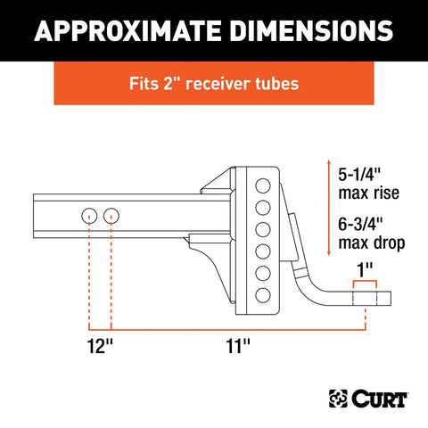 Diagram of Beefed Up Adjustable Trailer Hitch Ball Mount for 2 Inch Receivers with Six and Three Quarter Inch Drop and Five and Quarter Inch Rise