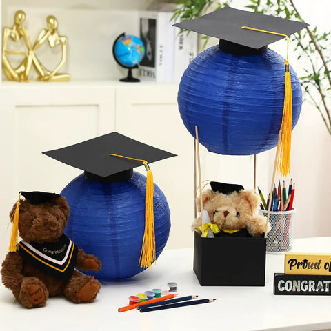 Six Set Graduation Table Centerpieces With Hot Air Balloon Paper Lanterns And Tassel Caps Congrats Grad Party Supplies Royal Blue Decor