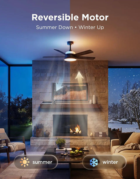Ceiling Fan With Lights And Remote, 52 Inch Low Profile Black, RGBIC Smart Lighting in a cozy living room with reversible motor