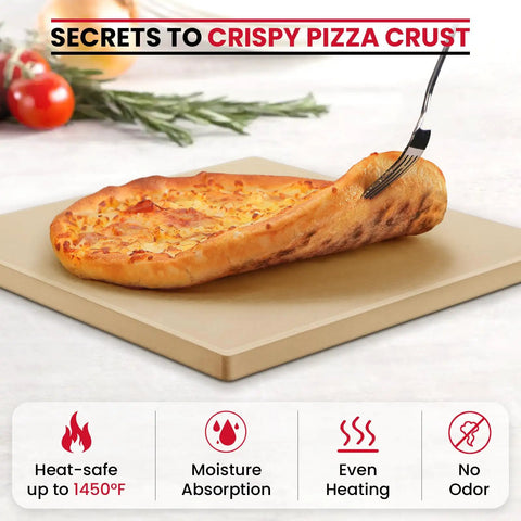 13x13 Inch Cordierite Pizza Stone For Ooni 12 Ovens with pizza, emphasizing crisp crusts and even heating