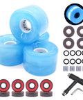 Skateboard Wheel Set 65mm By 43mm 78A High Rebound Urethane With 608RS Bearings Washers And Spacers One Piece Tool Included For Longboard Or Regular Cruisers Blue, showing blue wheels, bearings, washers, spacers, and tool.