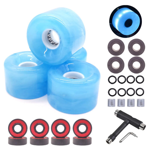 Skateboard Wheel Set 65mm By 43mm 78A High Rebound Urethane With 608RS Bearings Washers And Spacers One Piece Tool Included For Longboard Or Regular Cruisers Blue, showing blue wheels, bearings, washers, spacers, and tool.