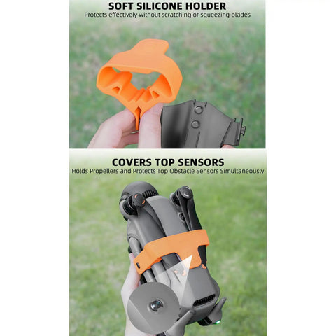 Propeller Holder And Blade Guard For Mavic 4 Pro Drone with orange silicone strap securing the blades and covering top sensors.