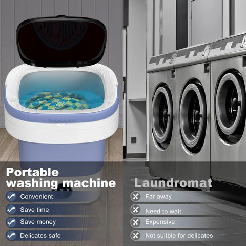 Super Ultra Compact Portable Mini Washing Machine With Rapid Spin Basket, Absolute Game Changer For Cramped Dorm Rooms And Rv Cabins. No Sweat Laundry Routine For Socks Undies And Tiny Garments In Vibrant Purple in action with water inside.