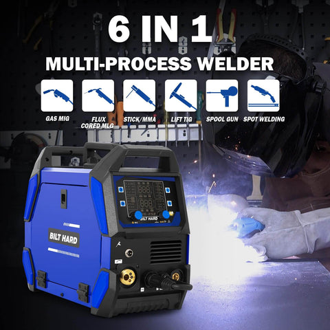 Six In One 250 Amp MIG Welder Workhorse For Aluminum And Steel Dual Voltage 110 And 220 Volt Portable Welding Machine displayed